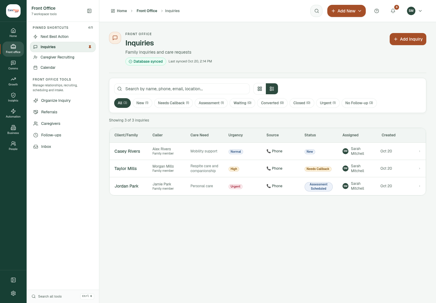 CareMano family inquiry list showing synthetic names, status and assigned owner